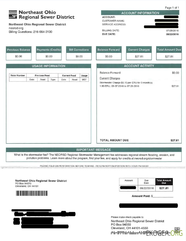 USA NRTHEAST OHIO REGIONAL SEWER DISTRICT utility bill Word and PDF template